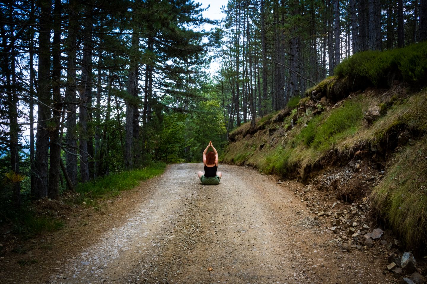 A person meditating on a forest path, embracing nature's tranquility in summer.